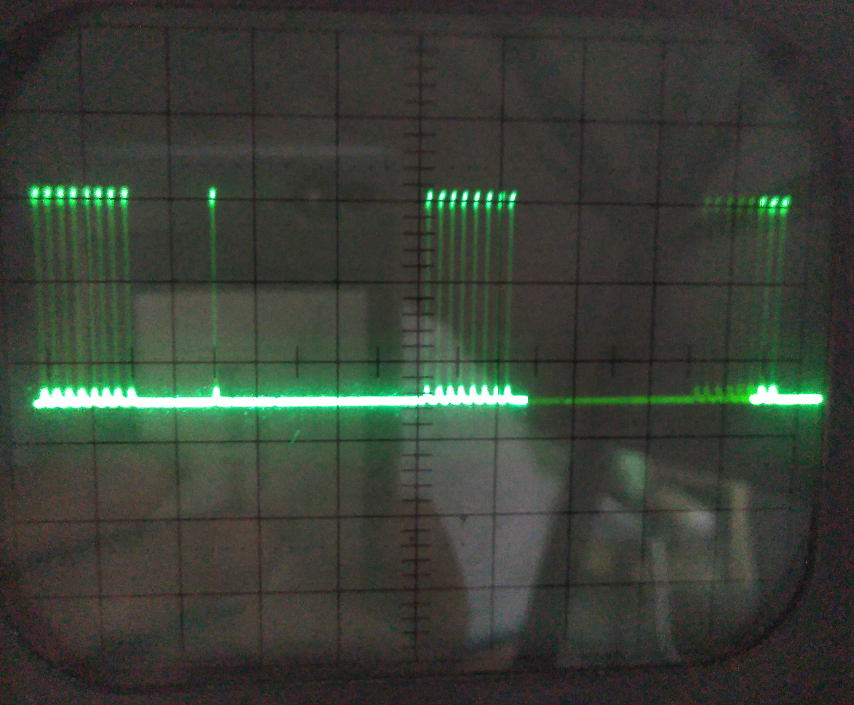 The output from the LORAN generator shown on a osciloscope<br>The extra master pulse clearly can be seen